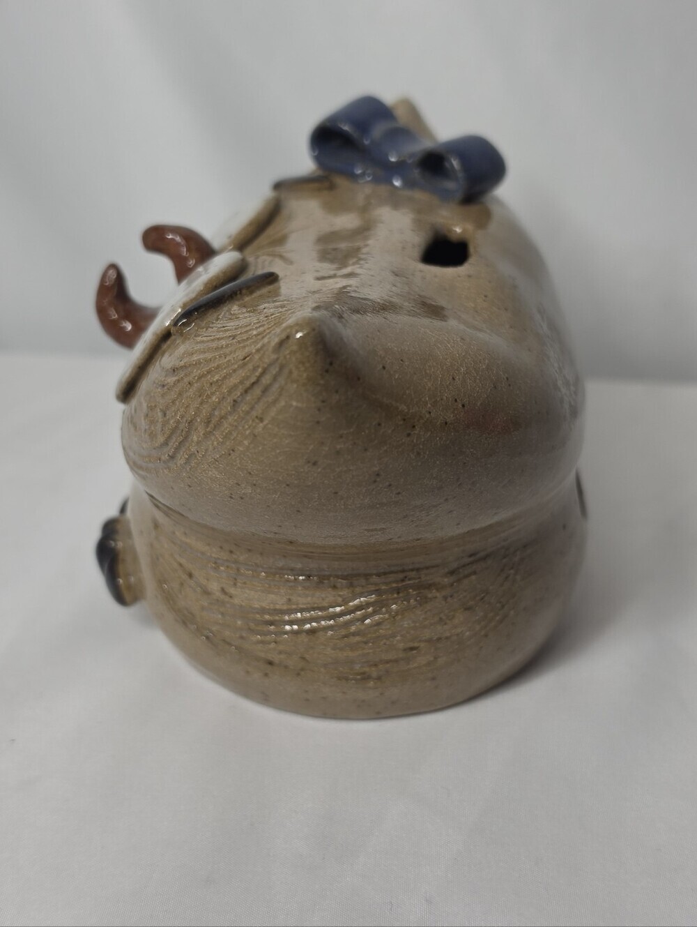 Vtg Studio Pottery Owl Coin Bank Speckled Ceramic Girl Figurine Bow 8" Big Eyes - Picture 3 of 9